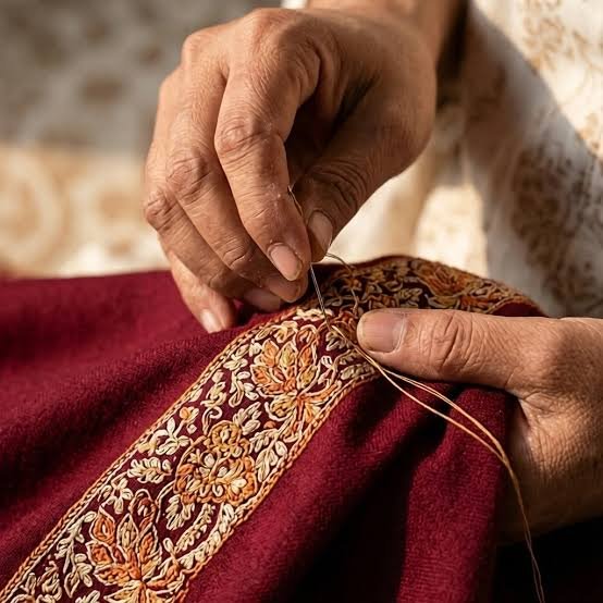 Kashmiri Sozni embroidery - Kashmiri artisan doing fine Sozni embroidery on Pashmina shawl